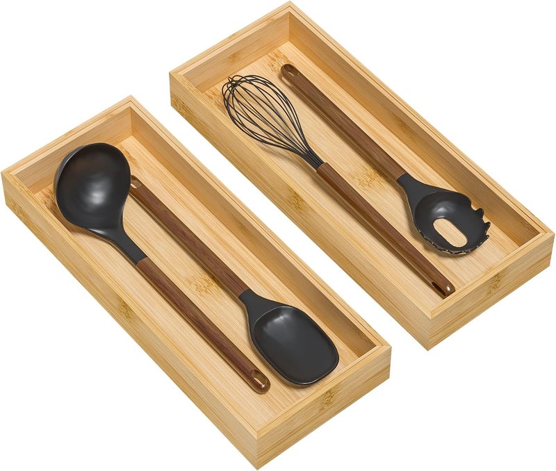 Lixple Bamboo Kitchen Drawer Organizer, Stackable Utensil Holder Silverware Organizer Cutlery Tray - 2PCS Organizer Bins for Makeup Jewelries Flatware in Bathroom, Office Desk, Cabinets, 15x6x2 inch - Image 1